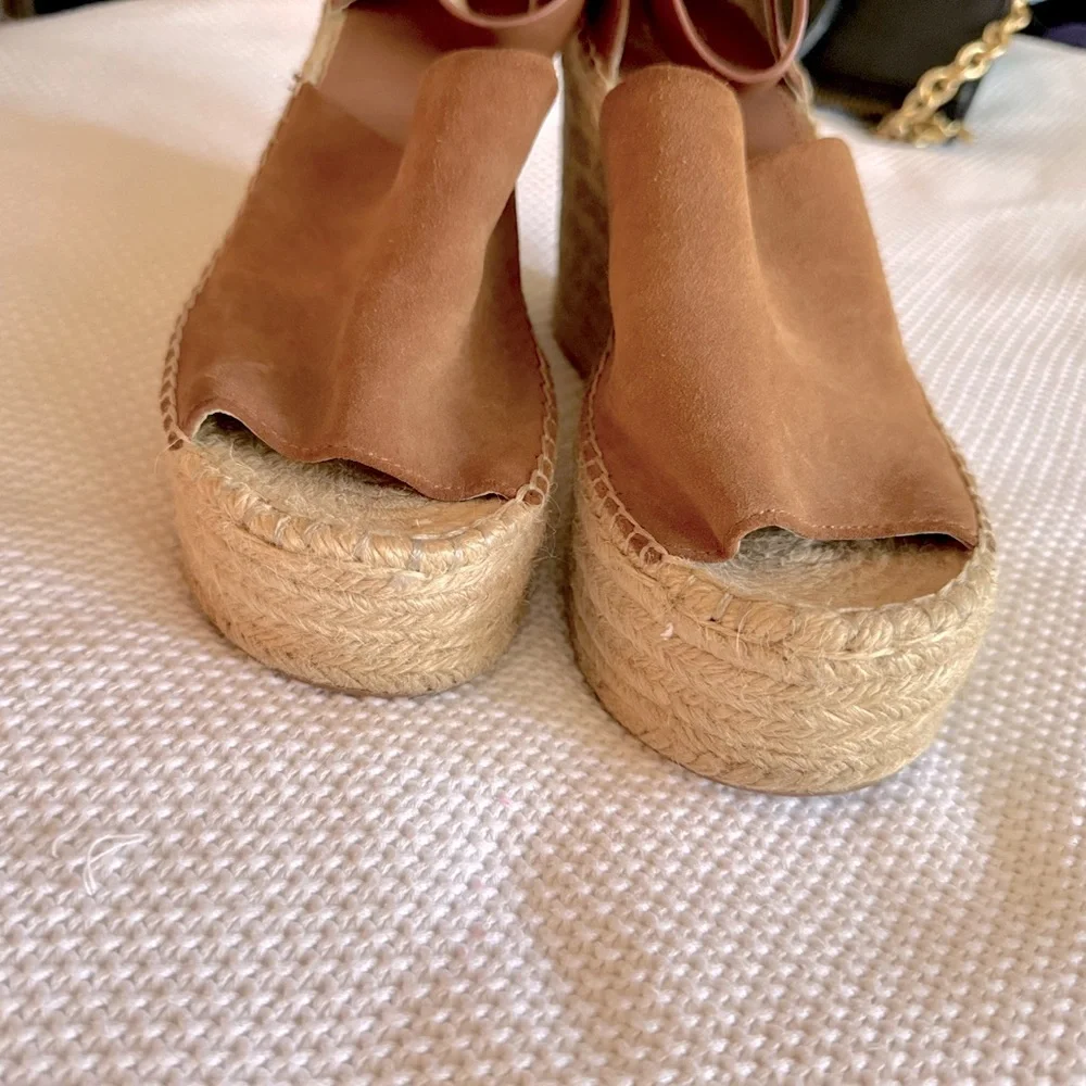 MARC FISHER Adalyn Espadrille Wedge Sandal Tan Leather Sandals Women’s Shoes